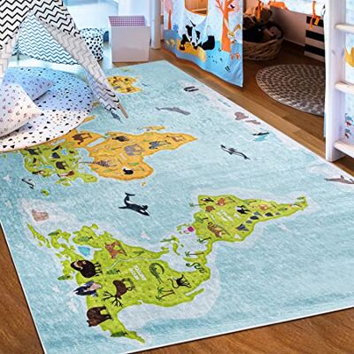 Mazovia Tapijt voor kinderkamer, wasbaar, laagpolig bedrukt, zacht tapijt voor slaapkamer, EMMA antislip, kindertapijt, wereldkaart, blauw, 160 x 230 cm Mazovia Tapijt voor kinderkamer, wasbaar, laagpolig bedrukt, zacht tapijt voor slaapkamer, EMMA antislip, kindertapijt, wereldkaart, blauw, 160 x 230 cm
