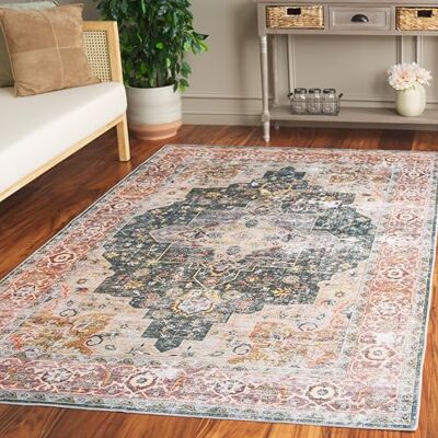 SAFAVIEH Distressed Arizona Collection machinewasbaar en antislip tapijt, ideaal voor drukbezochte ruimtes, Arizona collectie, laagpolig, rood en ivoor, 183 x 183 cm SAFAVIEH Distressed Arizona Collection machinewasbaar en antislip tapijt, ideaal voor drukbezochte ruimtes, Arizona collectie, laagpolig, rood en ivoor, 183 x 183 cm