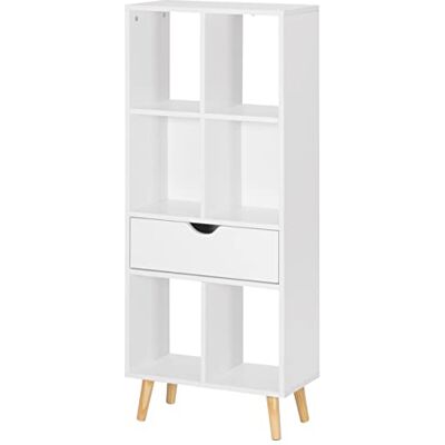 EUGAD Boekenkast, ruimteverdeler, opbergrek, vrijstaande plank, met lade en poten van MDF, 6 vakken, wit, 50 x 121 x 24 cm EUGAD Boekenkast, ruimteverdeler, opbergrek, vrijstaande plank, met lade en poten van MDF, 6 vakken, wit, 50 x 121 x 24 cm