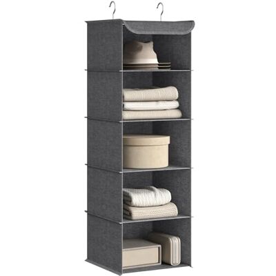 SONGMICS RYCH06G Ophangrek, kledingorganizer, van stof, 5 vakken, opvouwbaar, metalen haken, binnenversterking van bamboe, motief linnen, grijs RYCH06G SONGMICS RYCH06G Ophangrek, kledingorganizer, van stof, 5 vakken, opvouwbaar, metalen haken, binnenversterking van bamboe, motief linnen, grijs RYCH06G