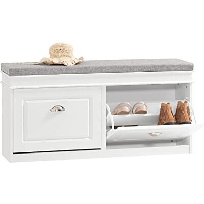 SoBuy Schoenenopbergbank, 2 kleppen met comfortabel kussen, schoenenkast, gangkast, schoenenopbergdoos, Wit, 104x24x64cm-W SoBuy Schoenenopbergbank, 2 kleppen met comfortabel kussen, schoenenkast, gangkast, schoenenopbergdoos, Wit, 104x24x64cm-W