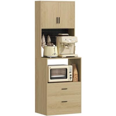 HOMCOM Magnetronkast, dressoir, keukenkast, 2 laden, 2 deuren, werkblad, verstelbare plank, gatenplaat, 4 haken, opbergkast voor eetkamer, woonkamer, natuurlijk hout Buffet, Armoire de Cuisine, Étagère Réglable, Panneau Perforé, 4 Crochets, Meuble de Ra HOMCOM Magnetronkast, dressoir, keukenkast, 2 laden, 2 deuren, werkblad, verstelbare plank, gatenplaat, 4 haken, opbergkast voor eetkamer, woonkamer, natuurlijk hout Buffet, Armoire de Cuisine, Étagère Réglable, Panneau Perforé, 4 Crochets, Meuble de Ra