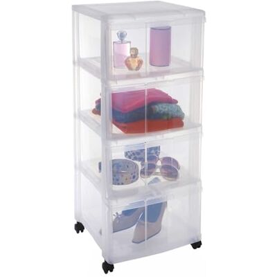 Sundis Modulo, Opbergtoren van transparant kunststof, met wieltjes, 4 grote laden, hoogte 85 cm, ideaal voor kantoor, binnenplaats, documenten, benodigdheden, accessoires Sundis Modulo, Opbergtoren van transparant kunststof, met wieltjes, 4 grote laden, hoogte 85 cm, ideaal voor kantoor, binnenplaats, documenten, benodigdheden, accessoires