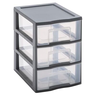 Sundis Tag Tower Kleine opbergtoren van grijs plastic, 3 transparante lades, DIN A5, hoogte 25,5 cm, stapelbaar, ideaal voor het opbergen van cosmetica, juwelen, accessoires, benodigdheden Sundis Tag Tower Kleine opbergtoren van grijs plastic, 3 transparante lades, DIN A5, hoogte 25,5 cm, stapelbaar, ideaal voor het opbergen van cosmetica, juwelen, accessoires, benodigdheden