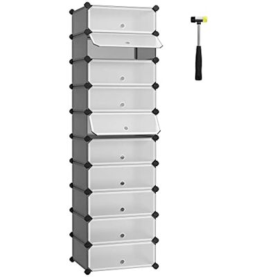 SONGMICS Schoenenkast met 10 vakken, modulair rek van kunststof, schoenendoos, met deur, mesh, opslag, grijs LPC010G01 SONGMICS Schoenenkast met 10 vakken, modulair rek van kunststof, schoenendoos, met deur, mesh, opslag, grijs LPC010G01
