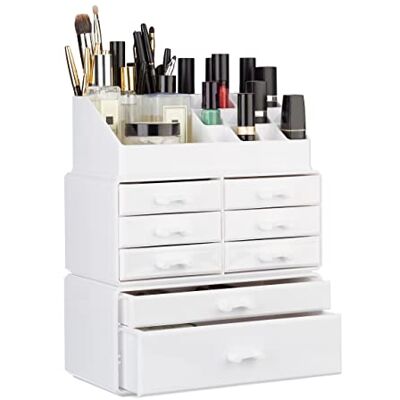 Relaxdays Make-up organizer met schuifladen, stapelbaar cosmetica-rek voor sieraden en make-up, make-up opslag, wit Relaxdays Make-up organizer met schuifladen, stapelbaar cosmetica-rek voor sieraden en make-up, make-up opslag, wit