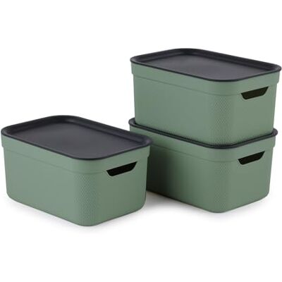 Rotho Jive Dekobox set van 3 opbergdozen 5 liter met deksel, van kunststof (gerecycled PP), groen/antraciet, 3 x 5 liter (26,5 x 18,5 x 13,2 cm) Rotho Jive Dekobox set van 3 opbergdozen 5 liter met deksel, van kunststof (gerecycled PP), groen/antraciet, 3 x 5 liter (26,5 x 18,5 x 13,2 cm)