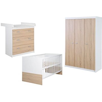 roba Complete babykamer Gabriella – uitbreidbaar bed 70 x 140 cm + smalle commode + kast met 3 deuren – wit/houtdecoratie roba Complete babykamer Gabriella – uitbreidbaar bed 70 x 140 cm + smalle commode + kast met 3 deuren – wit/houtdecoratie