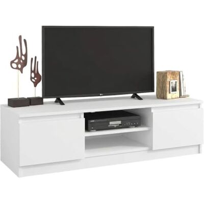 CDF Laag tv-meubel 120 cm modern met open vak voor apparaten, kabeldoorvoer, twee zijkasten, fronten zonder handgrepen, stabiele constructie 16 mm voor tv-woonkamer wit CDF Laag tv-meubel 120 cm modern met open vak voor apparaten, kabeldoorvoer, twee zijkasten, fronten zonder handgrepen, stabiele constructie 16 mm voor tv-woonkamer wit