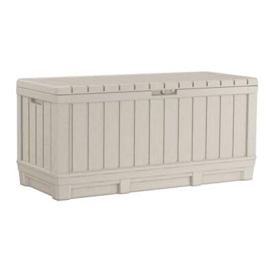 Keter Kentwood Tuinbox, 350 liter, weerbestendige tuinkist in lichtbeige met zitfunctie, uv-bestendige opbergdoos, afsluitbaar, voor binnen en Keter Kentwood Tuinbox, 350 liter, weerbestendige tuinkist in lichtbeige met zitfunctie, uv-bestendige opbergdoos, afsluitbaar, voor binnen en