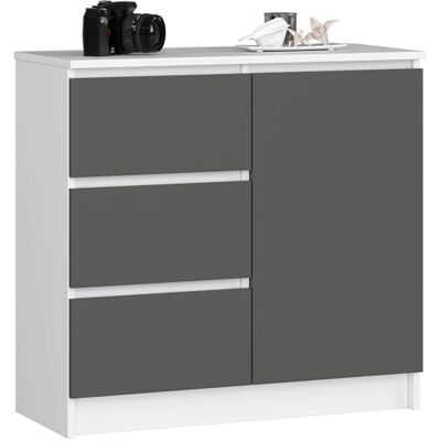 AKORD K-80 Jerry Commode met 3 laden, 2 planken en 1 deur, voor woonkamer, slaapkamer, modern, gelamineerde plaat 16 mm, 80 x 77 x 35 cm, wit + grafiet grijze voorkant AKORD K-80 Jerry Commode met 3 laden, 2 planken en 1 deur, voor woonkamer, slaapkamer, modern, gelamineerde plaat 16 mm, 80 x 77 x 35 cm, wit + grafiet grijze voorkant