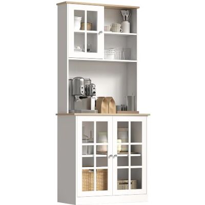 HOMCOM Dressoir, keuken, opbergkast, hoog, 80 x 37 x 183 cm, eikenwit Keukenkast hoog met werkblad, 3 glazen deuren, 2 nissen, verstelbare planken HOMCOM Dressoir, keuken, opbergkast, hoog, 80 x 37 x 183 cm, eikenwit Keukenkast hoog met werkblad, 3 glazen deuren, 2 nissen, verstelbare planken