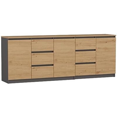 CDF Groot modern dressoir Costa 200 cm meubelset 3 deuren 6 laden zonder handgrepen commode voor woonkamer slaapkamer minimalistisch buffet grote opbergruimte eiken ambachtelijk/antraciet CDF Groot modern dressoir Costa 200 cm meubelset 3 deuren 6 laden zonder handgrepen commode voor woonkamer slaapkamer minimalistisch buffet grote opbergruimte eiken ambachtelijk/antraciet