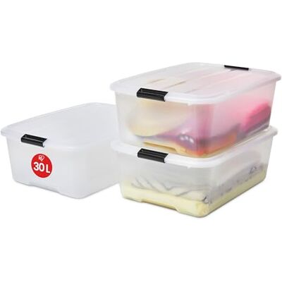 Iris Ohyama , Opbergdoos van kunststof met deksel, 30 l, 3 stuks, transparant, sluitclips, handvat, stapelbaar, draagbaar, robuust en duurzaam, voor kleedkamer, garage, slaapkamer, kantoor, TB-30 Iris Ohyama , Opbergdoos van kunststof met deksel, 30 l, 3 stuks, transparant, sluitclips, handvat, stapelbaar, draagbaar, robuust en duurzaam, voor kleedkamer, garage, slaapkamer, kantoor, TB-30