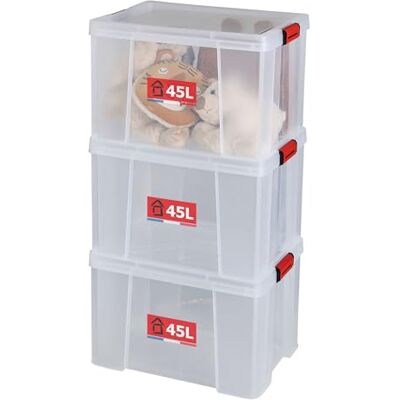 Sundis Clip'N Store opbergdoos van kunststof met deksel, 45 l, 3 stuks Sundis Clip'N Store opbergdoos van kunststof met deksel, 45 l, 3 stuks