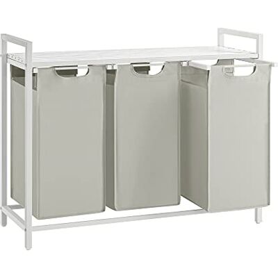 VASAGLE Wasmand, mand voor vuile was, met 3 vakken en 3 verwijderbare zakken van Oxford-stof, legplank, metalen frame 3 x 38 liter, 92,5 x 33 x 72 cm, wit BLH301W01 VASAGLE Wasmand, mand voor vuile was, met 3 vakken en 3 verwijderbare zakken van Oxford-stof, legplank, metalen frame 3 x 38 liter, 92,5 x 33 x 72 cm, wit BLH301W01