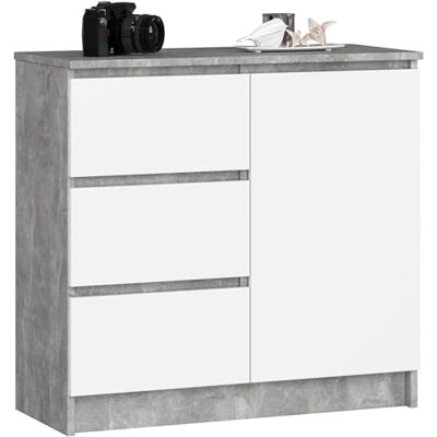 AKORD K-80 Jerry Commode met 3 laden, 2 planken en 1 deur, voor woonkamer, slaapkamer, modern, gelamineerde plaat 16 mm, 80 x 77 x 35 cm, beton + witte voorkant AKORD K-80 Jerry Commode met 3 laden, 2 planken en 1 deur, voor woonkamer, slaapkamer, modern, gelamineerde plaat 16 mm, 80 x 77 x 35 cm, beton + witte voorkant