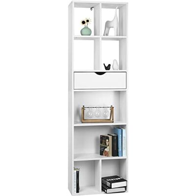EUGAD Witte boekenkast, opbergkast, zuilrek met 8 open vakken en 1 lade met 6 niveaus, voor woonkamer, kantoor, keuken, van MDF, 50 x 24 x 168 cm, 0013SHG EUGAD Witte boekenkast, opbergkast, zuilrek met 8 open vakken en 1 lade met 6 niveaus, voor woonkamer, kantoor, keuken, van MDF, 50 x 24 x 168 cm, 0013SHG