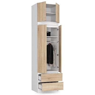 Generic BDW Kledingkast met verhoging, 4 deuren, 2 laden, opslag, moderne kast voor slaapkamer, woonkamer, hal, 234 x 60 x 51 cm, wit/Sonoma eiken Generic BDW Kledingkast met verhoging, 4 deuren, 2 laden, opslag, moderne kast voor slaapkamer, woonkamer, hal, 234 x 60 x 51 cm, wit/Sonoma eiken