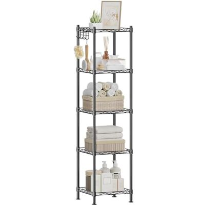 SONGMICS Badkamerrek, hoekrek van metaal, capaciteit 100 kg, 5 kunststof planken, haken, 30 x 30 x 123,5 cm, uittrekbaar, kleine ruimte, zwart en semi-transparant LGR23BK SONGMICS Badkamerrek, hoekrek van metaal, capaciteit 100 kg, 5 kunststof planken, haken, 30 x 30 x 123,5 cm, uittrekbaar, kleine ruimte, zwart en semi-transparant LGR23BK