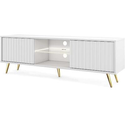 Selsey TV-kast, dienblad, buffet, tv-tafel, lattenbodem, 135 cm, gouden poten, wit, Bello Selsey TV-kast, dienblad, buffet, tv-tafel, lattenbodem, 135 cm, gouden poten, wit, Bello
