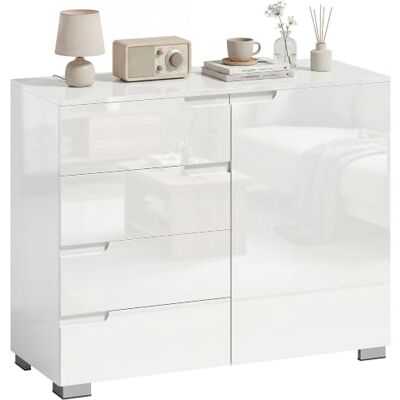 HOMCOM Commode met 4 laden, dressoir, 1 deur, 100 x 40 x 80 cm, wit Verstelbare plank, hoogglans, tv-kast, dempingsfunctie, woonkamer, slaapkamer HOMCOM Commode met 4 laden, dressoir, 1 deur, 100 x 40 x 80 cm, wit Verstelbare plank, hoogglans, tv-kast, dempingsfunctie, woonkamer, slaapkamer