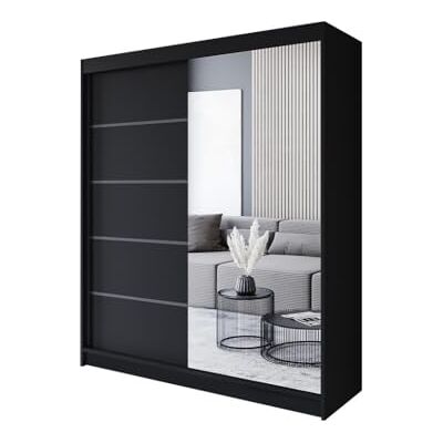 Easy4You P3 Schuifdeurkast, 180 cm, zwart, 180 x 215 x 58 cm, spiegelkast, slaapkamerkast, opbergkast, multifunctionele kast Easy4You P3 Schuifdeurkast, 180 cm, zwart, 180 x 215 x 58 cm, spiegelkast, slaapkamerkast, opbergkast, multifunctionele kast