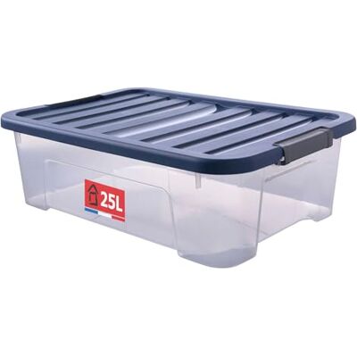 Sundis Wave Box, opbergdoos met klikdeksel, 25 l, van transparante kunststof, stapelbaar en stapelbaar, ideaal voor opslag onder bed, kleedkamer, kantoor of bijkeuken Sundis Wave Box, opbergdoos met klikdeksel, 25 l, van transparante kunststof, stapelbaar en stapelbaar, ideaal voor opslag onder bed, kleedkamer, kantoor of bijkeuken