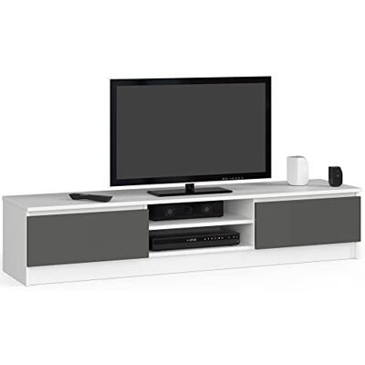 AKORD TV-kast K-160 Een open compartiment 2 legplanken met draaideuren links en rechts 33 x 160 x 40 cm Gewicht 30 kg Kleur: wit/grafietgrijs AKORD TV-kast K-160 Een open compartiment 2 legplanken met draaideuren links en rechts 33 x 160 x 40 cm Gewicht 30 kg Kleur: wit/grafietgrijs