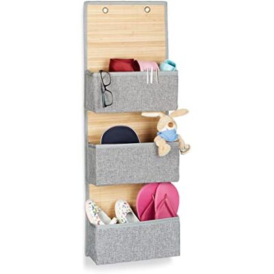 Relaxdays Wandopslag, organizer om op te hangen, 3 vakken, badkamer, H x B x D: 94 x 33 x 12 cm, bamboe stof, grijs Relaxdays Wandopslag, organizer om op te hangen, 3 vakken, badkamer, H x B x D: 94 x 33 x 12 cm, bamboe stof, grijs