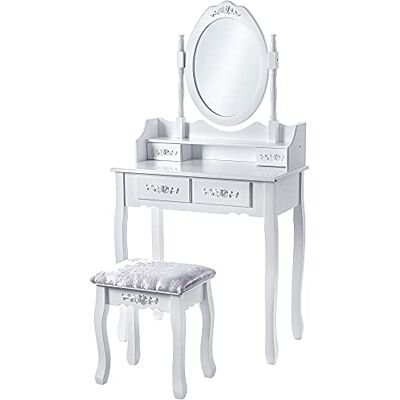 KADAX Make-uptafel met spiegel, lade en kruk, 75 x 40 x 147 cm, kaptafel, commode voor slaapkamer, kledingkast, wit KADAX Make-uptafel met spiegel, lade en kruk, 75 x 40 x 147 cm, kaptafel, commode voor slaapkamer, kledingkast, wit