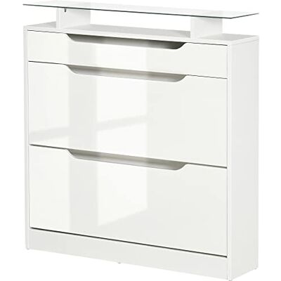 HOMCOM Schoenenkast met 2 opklapbare laden + 1 schuiflade + 1 toonbank en 1 glasplaat verstelbaar op 2 niveaus, 89 x 23 x 96 cm, wit HOMCOM Schoenenkast met 2 opklapbare laden + 1 schuiflade + 1 toonbank en 1 glasplaat verstelbaar op 2 niveaus, 89 x 23 x 96 cm, wit