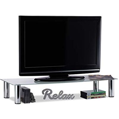 Relaxdays , TV tafel glas wit/zilver, verchroomde metalen poten, monitorverhoger, rechthoekig, glasplaat, 100 x 35 x 17 cm, standaard Relaxdays , TV tafel glas wit/zilver, verchroomde metalen poten, monitorverhoger, rechthoekig, glasplaat, 100 x 35 x 17 cm, standaard