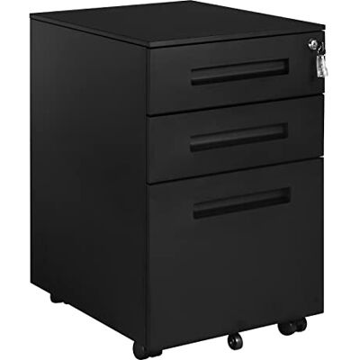 WOLTU Bureaubox, opbergdoos met sloten en wielen voor kantoor, studio, van metaal met 3 laden voor mappen, zwart SK023sz WOLTU Bureaubox, opbergdoos met sloten en wielen voor kantoor, studio, van metaal met 3 laden voor mappen, zwart SK023sz