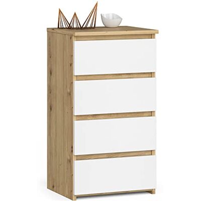 AKORD Commode met 4 laden, laden met wielen, kast, dressoir met plank, robuust, ambachtelijk eiken, mat wit AKORD Commode met 4 laden, laden met wielen, kast, dressoir met plank, robuust, ambachtelijk eiken, mat wit