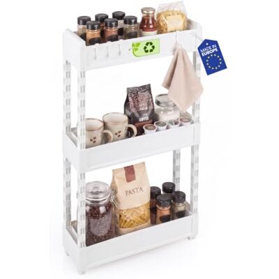 Iris Ohyama , Keukenwagen, smal, op wielen, 3 niveaus, wit, SRC-3 Ruimtebesparend keukenrek, nisrek voor wasruimte, kunststof trolley, badkamerrek staand Iris Ohyama , Keukenwagen, smal, op wielen, 3 niveaus, wit, SRC-3 Ruimtebesparend keukenrek, nisrek voor wasruimte, kunststof trolley, badkamerrek staand