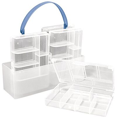Rayher 8915800 opbergdoos met 4 kleine dozen van 12 x 8 x 2,3 cm met transparante draaggreep voor het opbergen en bewaren van kleine onderdelen, voor kinderen en volwassenen Rayher 8915800 opbergdoos met 4 kleine dozen van 12 x 8 x 2,3 cm met transparante draaggreep voor het opbergen en bewaren van kleine onderdelen, voor kinderen en volwassenen