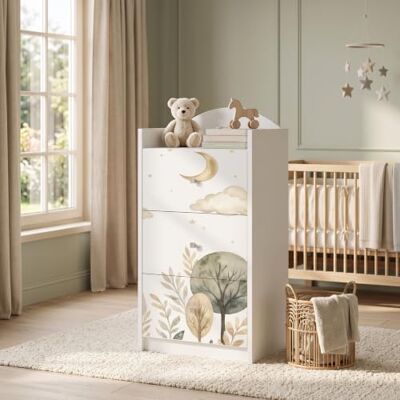 Happy Babies Kindercommode wit met 3 laden, ladekast met mooie print, waskast voor kinderkamer, babykamer, uniseks, nr. 383 Happy Babies Kindercommode wit met 3 laden, ladekast met mooie print, waskast voor kinderkamer, babykamer, uniseks, nr. 383