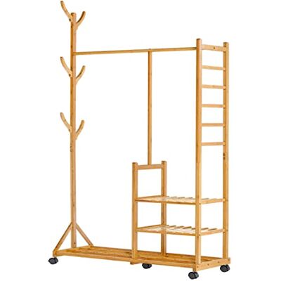 Yorbay 4-in-1 kledingrek van bamboe, met kapstok aan de zijkant, boomontwerp met haken, 3 opbergplanken, met universele wielen Yorbay 4-in-1 kledingrek van bamboe, met kapstok aan de zijkant, boomontwerp met haken, 3 opbergplanken, met universele wielen