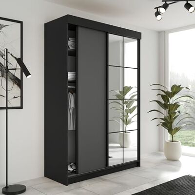 KIER FURNITURE LAMARO Schuifkast met spiegel Slaapkamerkast Wardrobe Slaapkamer Kasten Kledingkasten 138x205x59 Zwart & Graphit KIER FURNITURE LAMARO Schuifkast met spiegel Slaapkamerkast Wardrobe Slaapkamer Kasten Kledingkasten 138x205x59 Zwart & Graphit