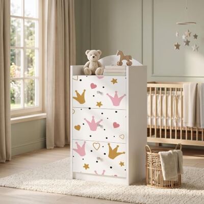 Happy Babies Kindercommode wit met 3 laden, ladekast met mooie print, waskast voor kinderkamer, babykamer, uniseks, nr. 404 Happy Babies Kindercommode wit met 3 laden, ladekast met mooie print, waskast voor kinderkamer, babykamer, uniseks, nr. 404