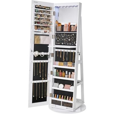 SONGMICS JJC007W01 Sieradenkast met spiegel op poten, afsluitbaar, met 6 leds, voor het opbergen van sieraden, 360° draaibaar, zonder frame, 3 legplanken, zwarte voering, wit SONGMICS JJC007W01 Sieradenkast met spiegel op poten, afsluitbaar, met 6 leds, voor het opbergen van sieraden, 360° draaibaar, zonder frame, 3 legplanken, zwarte voering, wit