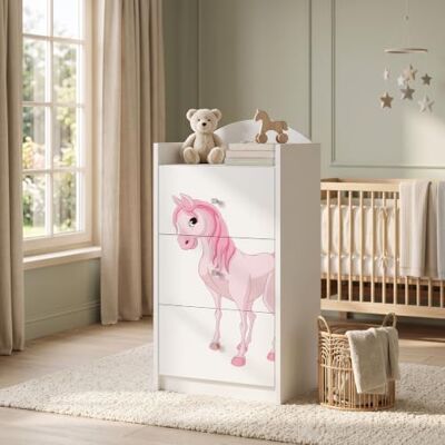Happy Babies Kindercommode wit met 3 laden, ladekast met mooie print, waskast voor kinderkamer, babykamer, uniseks, nr. 9 Happy Babies Kindercommode wit met 3 laden, ladekast met mooie print, waskast voor kinderkamer, babykamer, uniseks, nr. 9