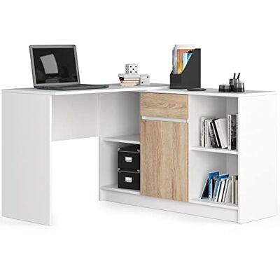 AKORD B-17 Hoekbureau 2-in-1 combi-bureau + commode met 1 lade, 1 opbergvak met deur en 2 open planken, B 120 x H 79/77 x D 126, 68 kg, wit en Sonoma eiken voorkant AKORD B-17 Hoekbureau 2-in-1 combi-bureau + commode met 1 lade, 1 opbergvak met deur en 2 open planken, B 120 x H 79/77 x D 126, 68 kg, wit en Sonoma eiken voorkant