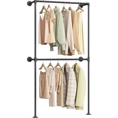 WOLTU Industriële wandkapstok met 2 rails voor het ophangen van kleding, open kast, industriële kapstok van metalen buizen, hangstangen voor slaapkamer en kleedkamer, zwart, 102,5 x WOLTU Industriële wandkapstok met 2 rails voor het ophangen van kleding, open kast, industriële kapstok van metalen buizen, hangstangen voor slaapkamer en kleedkamer, zwart, 102,5 x