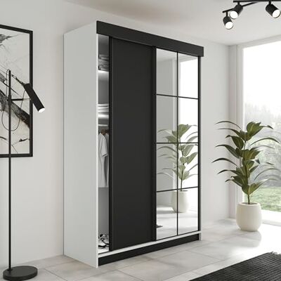 KIER FURNITURE LAMARO Schuifkast met spiegel Slaapkamerkast Wardrobe Slaapkamer Kasten Kledingkasten 138x205x59 Wit & Zwart KIER FURNITURE LAMARO Schuifkast met spiegel Slaapkamerkast Wardrobe Slaapkamer Kasten Kledingkasten 138x205x59 Wit & Zwart