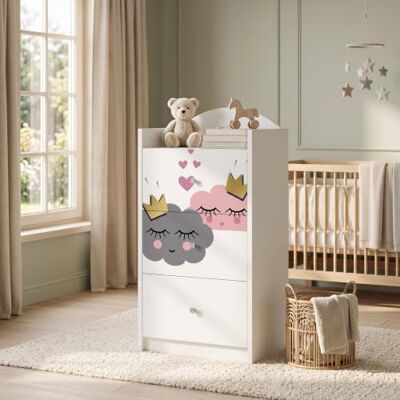 Happy Babies Kindercommode wit met 3 laden, ladekast met mooie print, waskast voor kinderkamer, babykamer, uniseks, nr. 400 Happy Babies Kindercommode wit met 3 laden, ladekast met mooie print, waskast voor kinderkamer, babykamer, uniseks, nr. 400