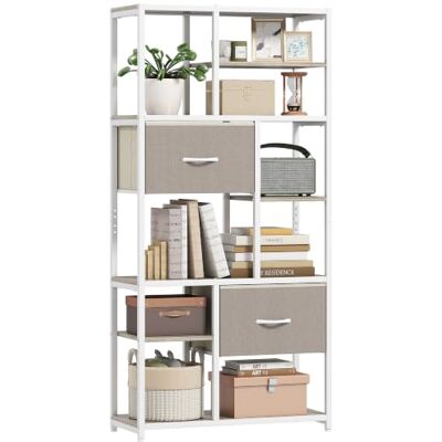 HOMCOM Opbergrek met 6 niveaus, 2 laden, 72,5 x 30 x 150 cm, wit Boekenkast, 2 stoffen laden, 9 open planken, opbergkast, stalen frame, woonkamer, kantoor, slaapkamer, houtlook HOMCOM Opbergrek met 6 niveaus, 2 laden, 72,5 x 30 x 150 cm, wit Boekenkast, 2 stoffen laden, 9 open planken, opbergkast, stalen frame, woonkamer, kantoor, slaapkamer, houtlook