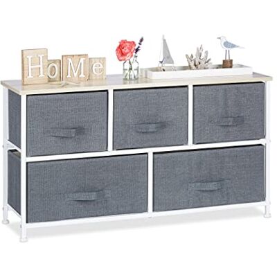 Relaxdays Plankensysteem, 5 stoffen laden, 54,5 x 100 x 30 cm (h x b x d), universele box, metaal, hout, grijs Relaxdays Plankensysteem, 5 stoffen laden, 54,5 x 100 x 30 cm (h x b x d), universele box, metaal, hout, grijs