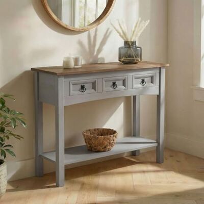IDIMEX Ramon Console met 3 laden en 1 plank, entreeconsoletafel van massief grenen, handvat van metaal, massief grenen, grijs en bruin IDIMEX Ramon Console met 3 laden en 1 plank, entreeconsoletafel van massief grenen, handvat van metaal, massief grenen, grijs en bruin